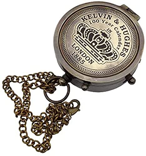Brújula Vintage de Latón acabado antiguo Kelvin Hughes 100 Year Calendar | Con hermosa funda de cuero | Brújula de navegación artesanal de latón estilo vintage para camping y actividades al aire libre miniatura 5