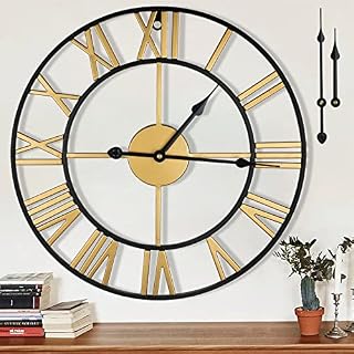 HOSTON Wall Clock, Large Wall Clock for Living Room Kitchen Wall Home Decor Big Clocks for the Wall Metal Skeleton Round Silent Non-Ticking Battery Operated Roman Numerals Clock(Golden, 16 IN)
