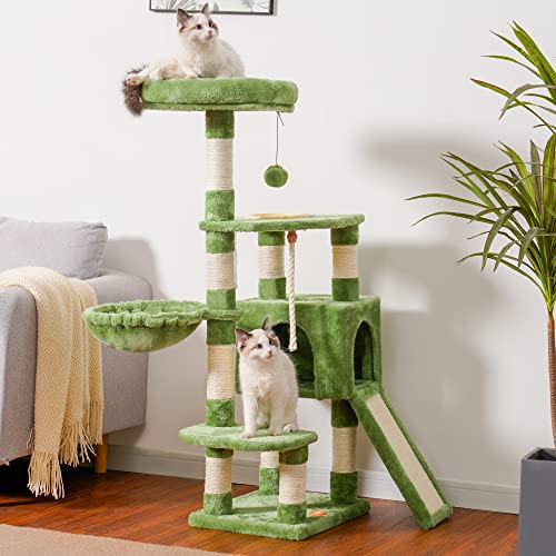 Image of Heybly Cat Tree Cat 46 inches Tower for Indoor Cats Multi-Level Cat Furniture Condo with Feeding Bowl and Scratching Board Green HCT010SGR