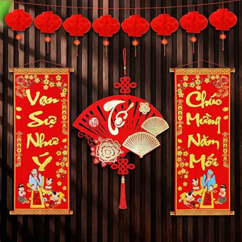 Vietnamese New Year Decoration 2026 Vietnamese Lunar New Year Red Couplets 3D TET Hanging Ornament with 8 Red Lantern for TET Nguyen Dan Home Door Wall Festival Decor(Fan)
