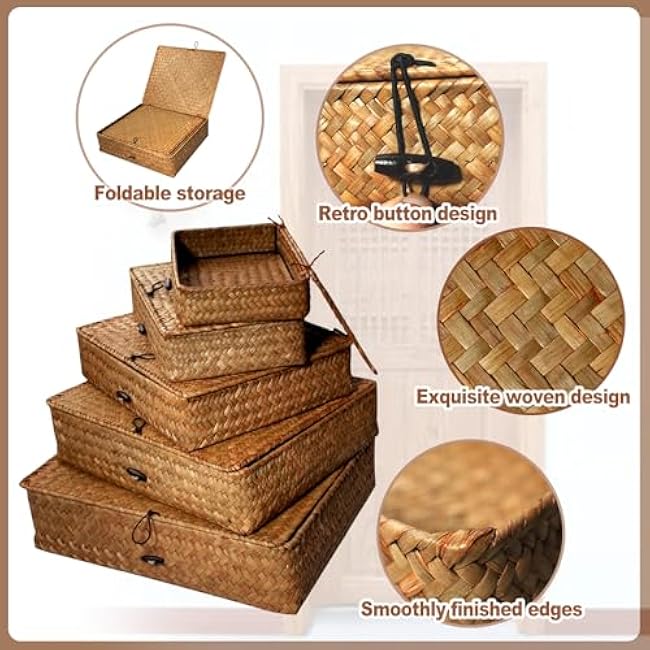 5 Pcs Seagrass Basket with Lid 5 Sizes Decorative Storage Boxes Rattan Wicker Storage Basket with Lids Woven Organizer Baskets Multipurpose Flat Storage Bins for Shelf Closet Bedroom (Brown)