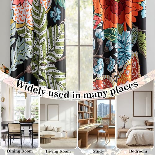 Image of MYSKY HOME Black Boho Floral Blackout Curtains 95 inch 2 Panels Set for Living Room Dining Room Thermal Insulated Room Darkening Energy Saving with Patterned Flower Design Grommet Drapes, 52 inch Wide