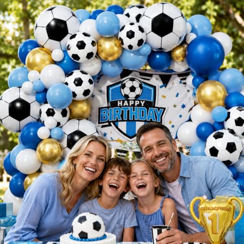 Image of Soccer Party Decorations 160Pcs, World Soccer Balloon Garland Arch Kit with 18'' Football Foil Balloons, Blue and White Football Print Balloons for Boys Sports Fan Birthday Soccer Party Decor