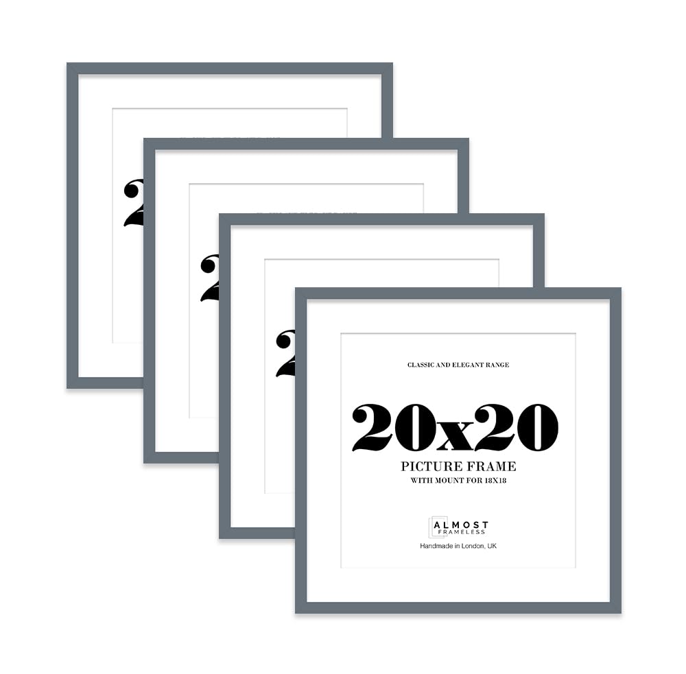 20x20 Grey Picture Frame with Mount for 18x18 Photos, Prints - Modern Square Wall Frame, Set of 4