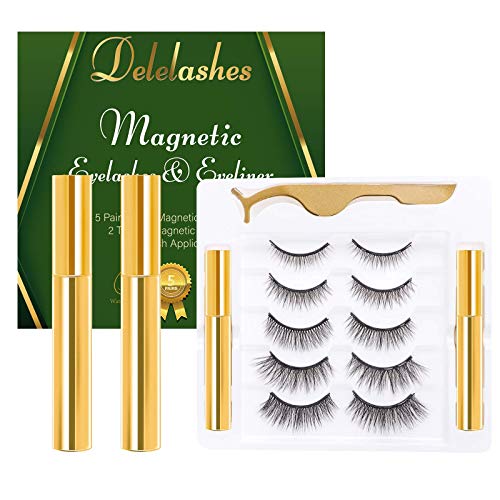 Delelashes 3D Magnetic Eyeliner with Eyelashes Kit,Upgraded Magnetic Fake Lashes with Different Lengths and Densities, Natural and Reusable Eyelashes,No Glue Needed (5 Pairs)