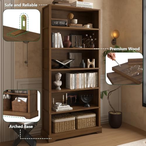 Image of TVU 6 Tiers Wooden Bookshelf, 77.2 inch Tall Farmhouse Style Open Bookcase, 31.5 inch Wide Standing Book Shelf with Storage for Study Room, Living Room, Walnut Brown