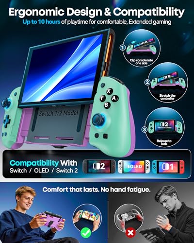 Image of Switch 1 / 2 Controller for Original / OLED / Switch 2 Console,Stretchable Switch Handheld Joypad Ergonomic Grip for Nintendo Pro Controller with RGB Lighting, TMR Joystick, Turbo, 4 Macro,Green & Purple