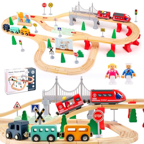 Hoyiyobi - Hoyiyobi 72 Pcs Ensemble de Train en Bois,Train en Enfant avec Rails en Bois Railway Jouet Circuit Enfant pour 3 4 5 6 7 Ans avec Accessoires Ferme Voitures Tracteur Pont Arbres Panneauneau