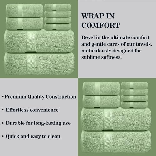 Image of Sulfar 100% Combed Cotton, 8 Pcs Towel Set - 2 Bath Towels (70 x 140 cm), 2 Hand Towels (40 x 70 cm) and 4 Face Towel (30 x 30 cm) (600 GSM, Pack of 8) Nature Green