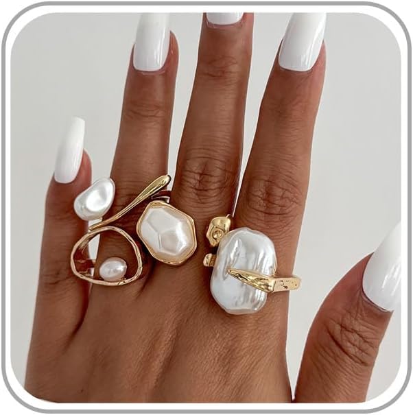 Chunky Gold Pearl Rings for Women Vintage Baroque Pearl Rings Set Open Stacking Pearls Ring Set Irregular Geometric Pearls Ring Boho Prom Costumes Fashion Jewelry Accessories