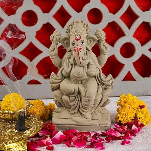 Image of SAUDEEP INDIA 6 Inch Mitti Ganesh Idol | Eco-Friendly Handcrafted Mud /Clay Ganesh Murti | Ganpati Figurine for Visarjan | Biodegradable Lotus Ganesha Statue | Ganesh Chaturthi (Export Quality)