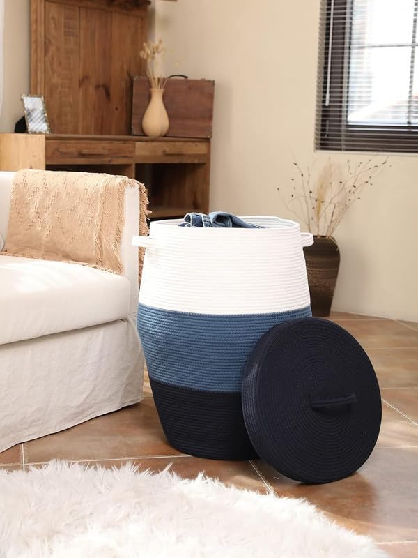 Image of Storage Cotton Rope Basket and Laundry Hamper for Dirty Clothes, Towels, Blankets, Pillows Storage in Living Room, Laundry Room and Bedroom (Tiranga With Lid, 14x18 Inch)