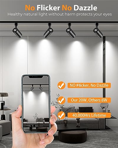 Image of VANoopee 3-Color Zoomable 20W LED Track Lighting Heads H Type Track Light Heads Dimmable Bright Ceiling Spotlight Fixtures for Kitchen, 3000K 4000K 5000K Adjustable, CRI90+ 15-60 2000lm Black 3 Pack