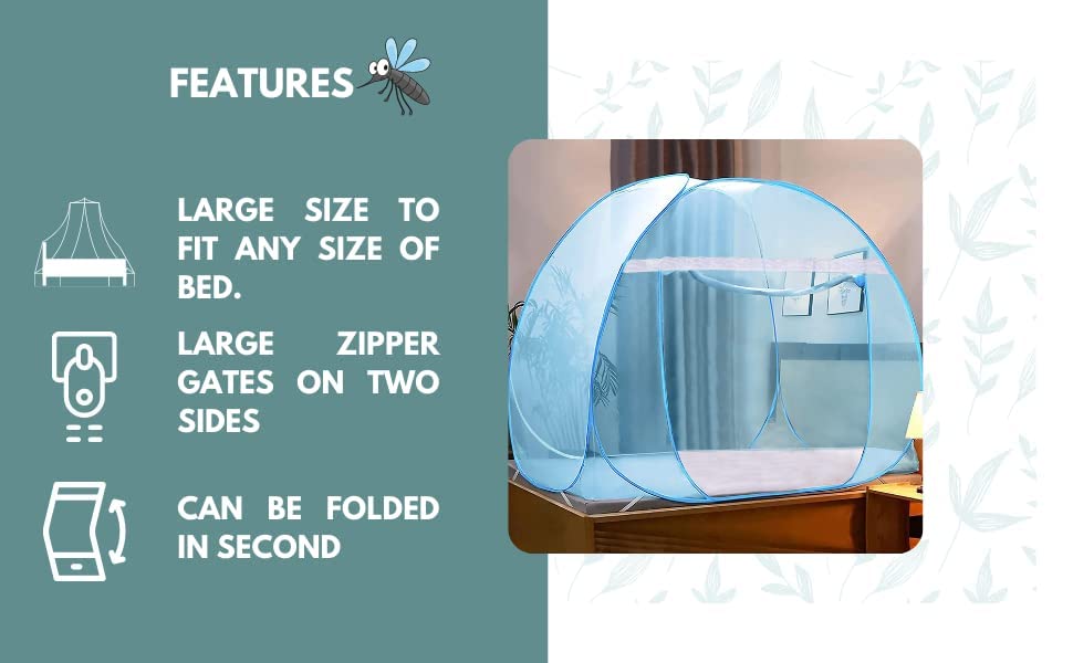 Image of Mosquito Net for Double Bed | King Size Foldable Machardani | Polyester Fabric 30GSM Strong Net | PVC Coated Corrosion Resistant Steel Wire Doubell Bed (Full Blue) 9