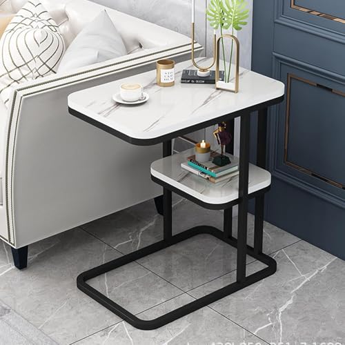 Image of Metal U-Shaped Side Table, Multipurpose End Table with Marble Texture Look, Small Coffee Table Sofa Table Bedside Table for Bedroom Living Room or Office, 2 Tier Storage, Black and White