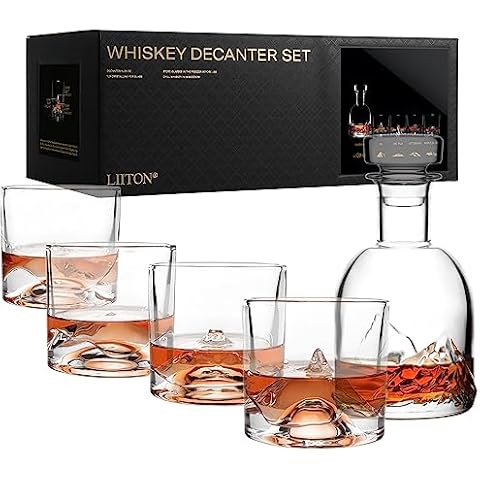 LIITON The Peaks Mountains Crystal Bourbon Whiskey Decanter Gift Set with 4 Old Fashioned Glasses, Premium Luxury Gifts for Men, Vodka, Scotch, Liquor, 1,000 ML Cover