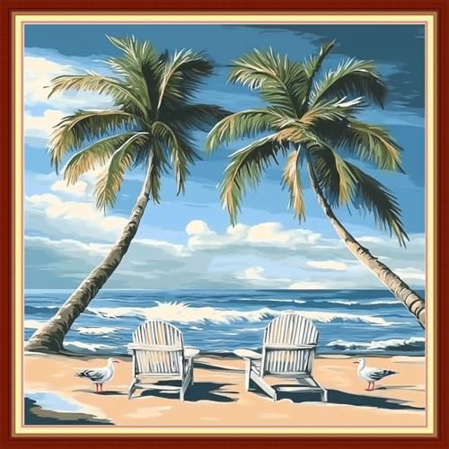 Image of Fanxvivy Stamped Cross Stitch Kits for Beginners Full Range of Cross Stitching Preprinted Embroidery Kits for Adults, 11CT Embroidery Pattern Needlepoint Kits-Coconut Trees by the Seaside 18x18 inch