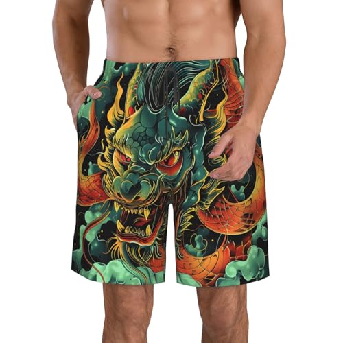 Men's Quick Dry Swim Shorts Demon Dragon Asian Japanese Style Green Beach Trunks with Pockets