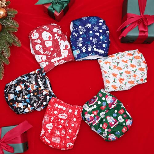 Image of ALVABABY Christmas Baby Cloth Diaper 6 Pack with 12 Inserts One Size Cloth Diaper Covers Adjustable Washable Reusable for Baby Girls and Boys