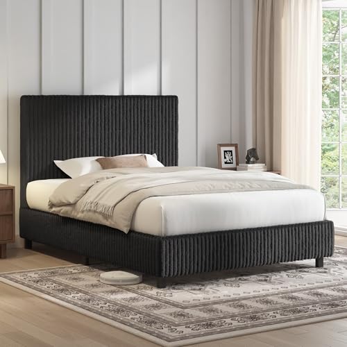 Image of AMERLIFE Twin Bed Frame, Upholstered Metal Platform Bed with Vertical Channel Tufted Headboard, Soft Fabric & Strong Metal Slats, Noise-Free /Easy Assembly, Black Twin Metal Bed and Headboard