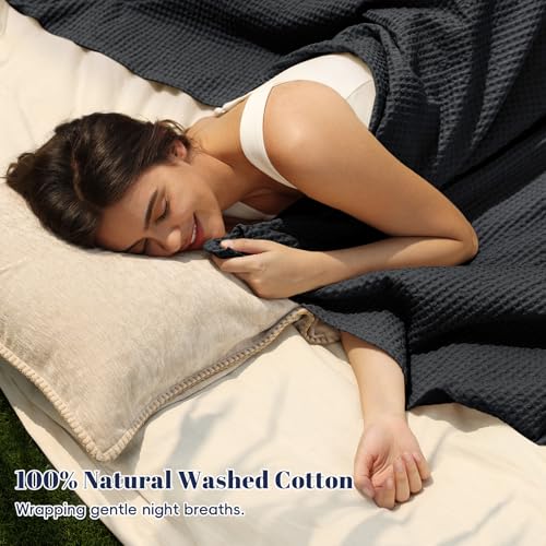 Image of PHF 100% Cotton Waffle Weave Blanket Twin Size 66 inchx90 inch - Lightweight Washed Soft Breathable - Perfect Layer for Couch Bed Sofa - Aesthetic Elegant Home Decoration Gift - Black