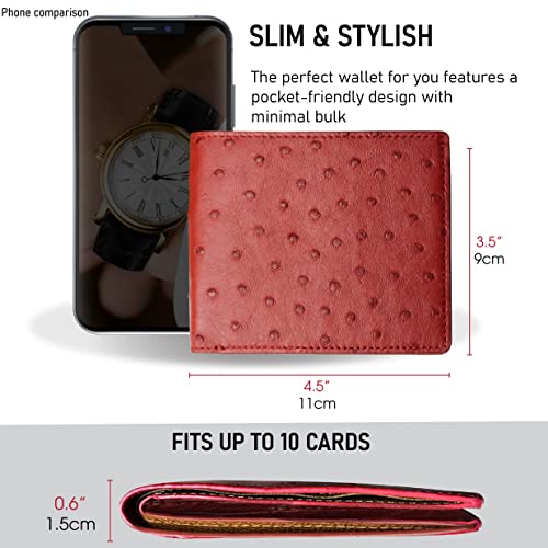 Image of HATA Red Ostrich Leather Bifold Wallet for Men, Double-Sided Ostrich Billfold with RFID Blocking, Handmade Leather Wallet Gift for Birthday, Anniversary, Father's Day VINAMOS-07