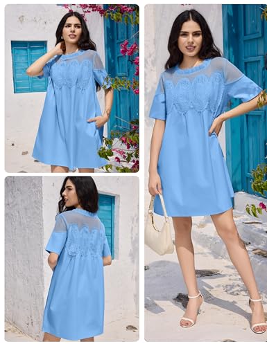 Image of Shiyifa Womens Babydoll Lace Patchwork Dresses Summer Short Sleeve Ruffle Sundress Loose Crew Neck A-Line Dresses