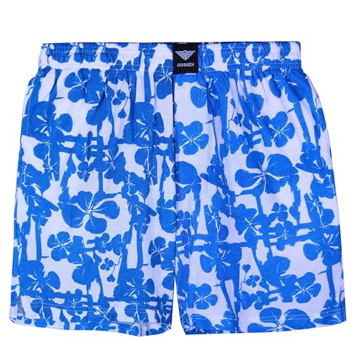 Generic Men 2P Cotton Shorts,Summer Casual Beach Shorts Drawstring Breathable Print Pajamas Bottoms Shorts(XS,W-Blue Print), X-Small3