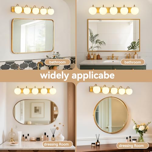 Image of Vintage Brushed Gold Bathroom Vanity Light Fixtures Over Mirror 5 Lights