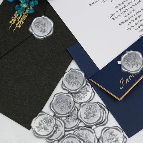 50 Pcs Silvery Wax Seal Stickers - Rose Style, Self Adhesive Wax Seal for Wedding Invitation, Easy Use Good Adhesion, Silvery Rose Envelope Stickers Perfect for Invitation or Seating Chart