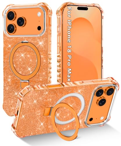 Shecaset for iPhone 18 Pro Max Case,[Compatible with MagSafe][Invisible Magnetic Ring Stand],Slim Iridescent Wavy Women Girls Case for Apple iPhone 18 Pro Max 6.9"(2026),Glitter Orange - image 1