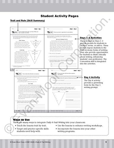 Evan-Moor Daily 6-Trait Writing, Grade 6 Homeschool and Classroom Resource Workbook, Reproducible Worksheets, Teaching Edition, Lesson Plans, Ideas, Organization, Word Choice, Sentence Fluency, Voice - Image 5