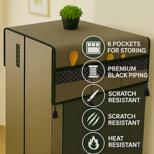 Image of Refrigerator Double Door Waterproof, Dustproof, Tassel Lace Refrigerator Top Cover, Protective Covers for Fridges with Extra Storage Space Nylon Top cover with 6 Storage Pockets (Golden, 170 x 65 cm)