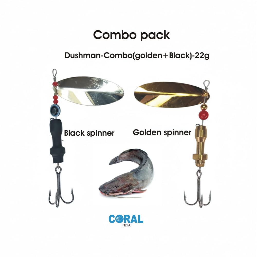 Coral India Dushman-Combo (Golden + Black) 22g | Premium Brass Body Fishing Spinner Lure Set | Attractive Blade & Sharp Treble Hook | for All Fish Species 2