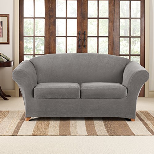 SureFit Stretch Pique Loveseat Slipcovers, Three Piece Loveseat Cover Includes Slipcover and Two Cushion Covers for a Secure Fit, Geometric Patterned Cushions and Loveseat Covers, Flannel Gray - Image 3