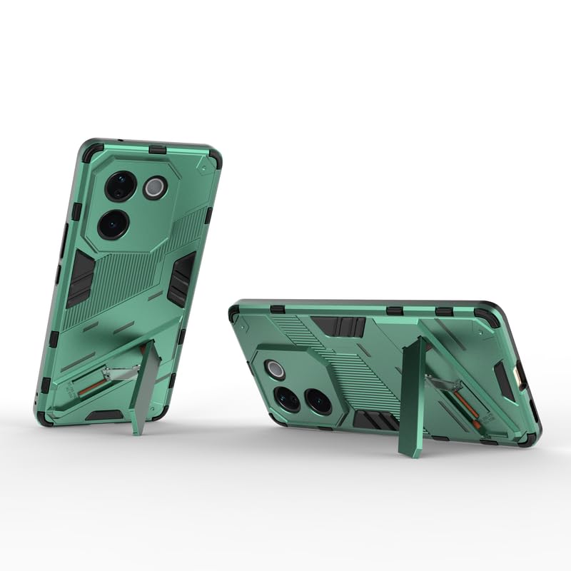 Image of Rugged Hard Back Case Cover for Vivo T3 Pro - Military-Grade Armor with Screen & Camera Guard, Dual-Layer Shockproof Design, Raised Edges, and Built-in Kickstand - Emerald Green