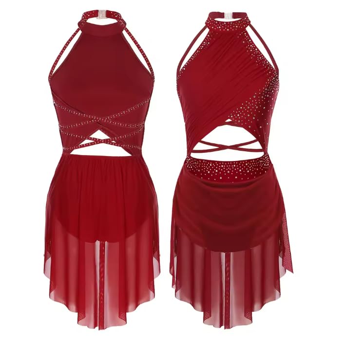 Disfraz de ballet para mujer, vestido de leotardo con tirantes y espalda descubierta, malla transparente