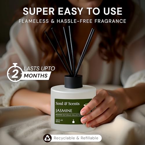 Image of Soul & Scents Jasmine Reed Diffuser Set - 120ml with Free 6 Fiber Reed Sticks Each | Toxin Free & Stress Relief | Long Lasting | Smoke Less Room Freshener for Home, Bedroom & Office | Pack of 2