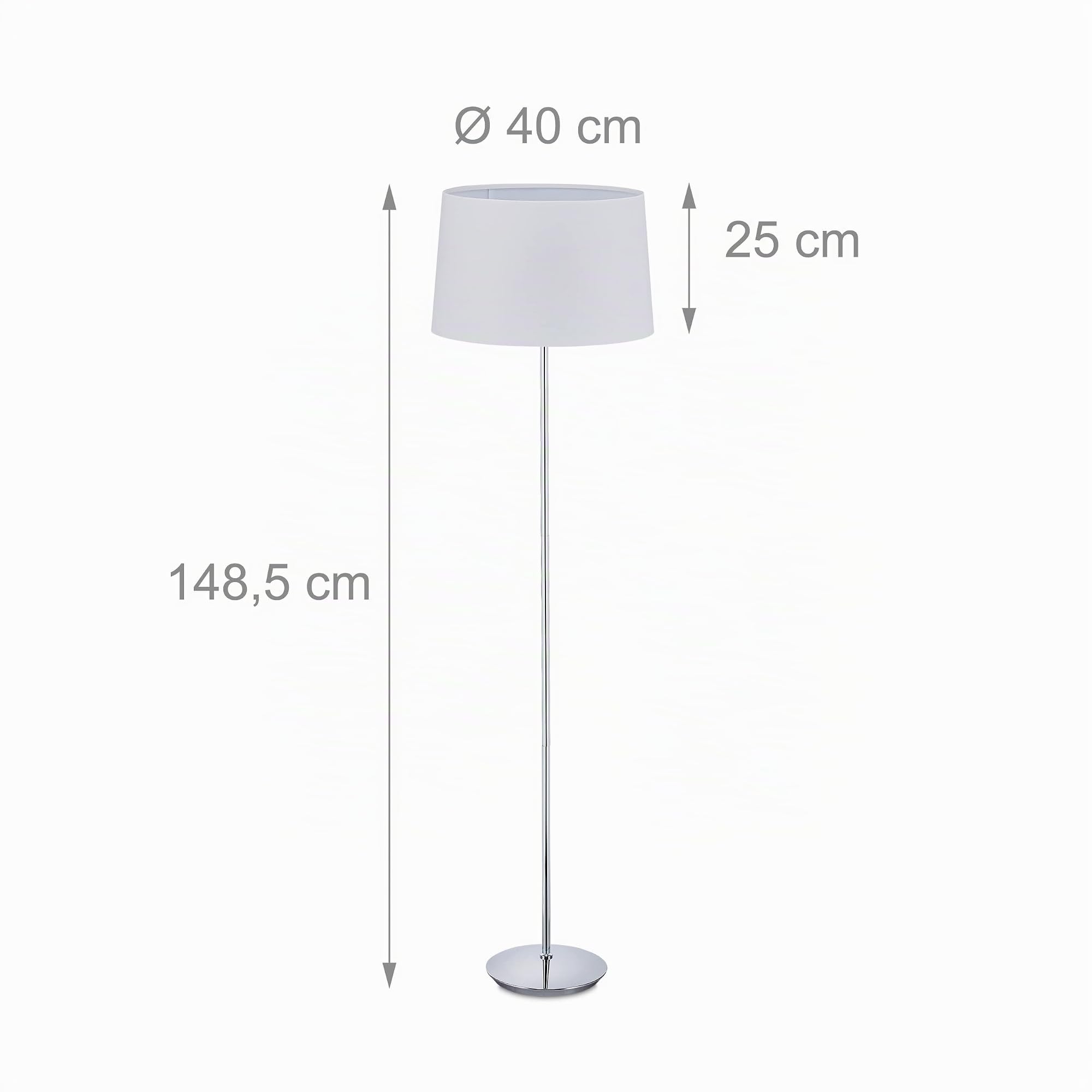 Relaxdays Lámpara Pie Cromado con Pantalla Textil Ø 40 cm, Luz Pie 148,5 cm Salón, Lámpara Pedestal E27, Blanco