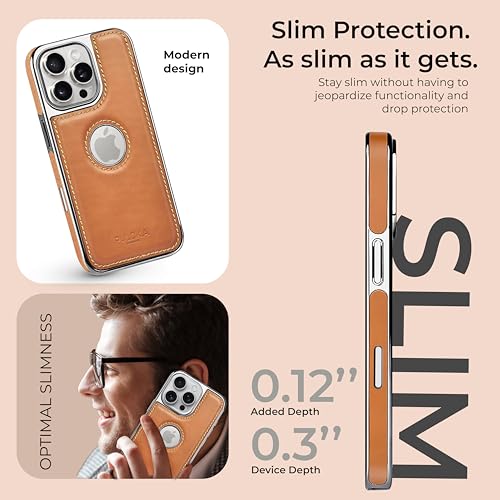 Image of PULOKA Chrome Leather Back Case - Compatible with iPhone 16 Pro - Luxury Bumper Case - Flexible Vegan Leather - Electroplated Sides & Logocut - Full Camera Protetection & Raised Edges - TAN