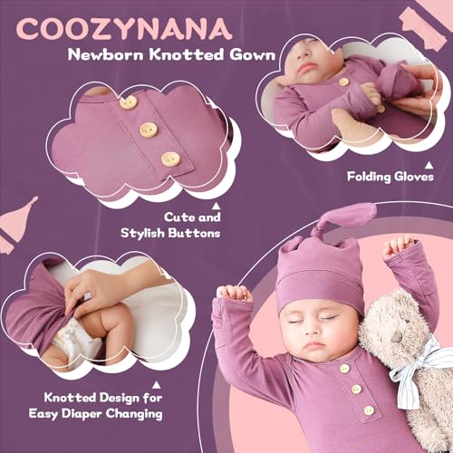 2Pack Newborn Baby Knotted Gown, Super Soft Modal Infant Long Sleeve Sleeper with Hat and Headband Set3