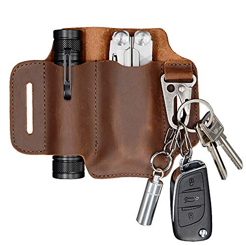 XXL EDC Leather Sheath, Leather Knife Belt Sheath Organizer, Tool Pouch Sheath for Most Leatherman Multitools, Key Ring Holder Fob, Holster for 5 inch Knives, Fit Most Tactical Flashlights. Chestnut.