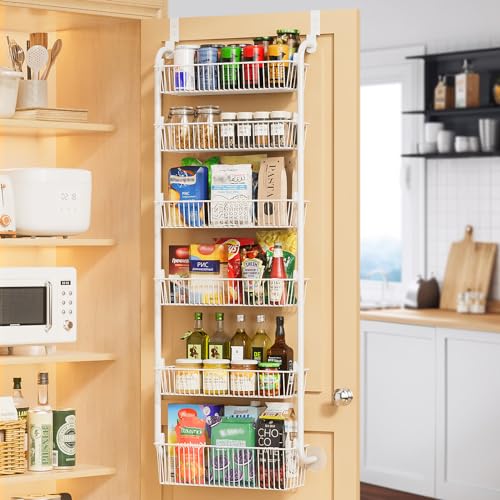 Image of Delamu Large Over the Door Pantry Organizer, 6-Tier Metal Pantry Door Organization and Storage for Easy Install, Hanging Spice Rack Seasoning Shelves for Cabinet & Kitchen, D6.7xW17.5xH53.7 in, White