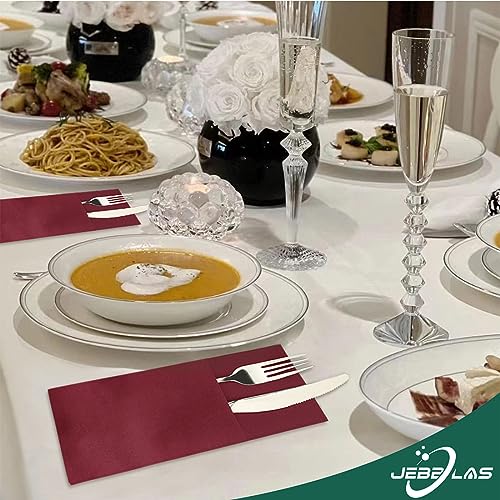 JEBBLAS Disposabel Dinner Napkins with Built-in Flatware Pocket, Cloth Like Napkins, Linen-Feel Disposable Hand Napkins for Parties, Weddings, Dinners or Events, 16x16inches, Pack of 50, Bordeaux - Image 2