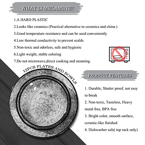 Melamine Dinnerware Set Of 4，12 Pcs-Melamine Plates And Bowls Set For Indoor And Outdoor Use, Bpa Free Dishwasher Safe, Lightweight Unbreakable #TOP5