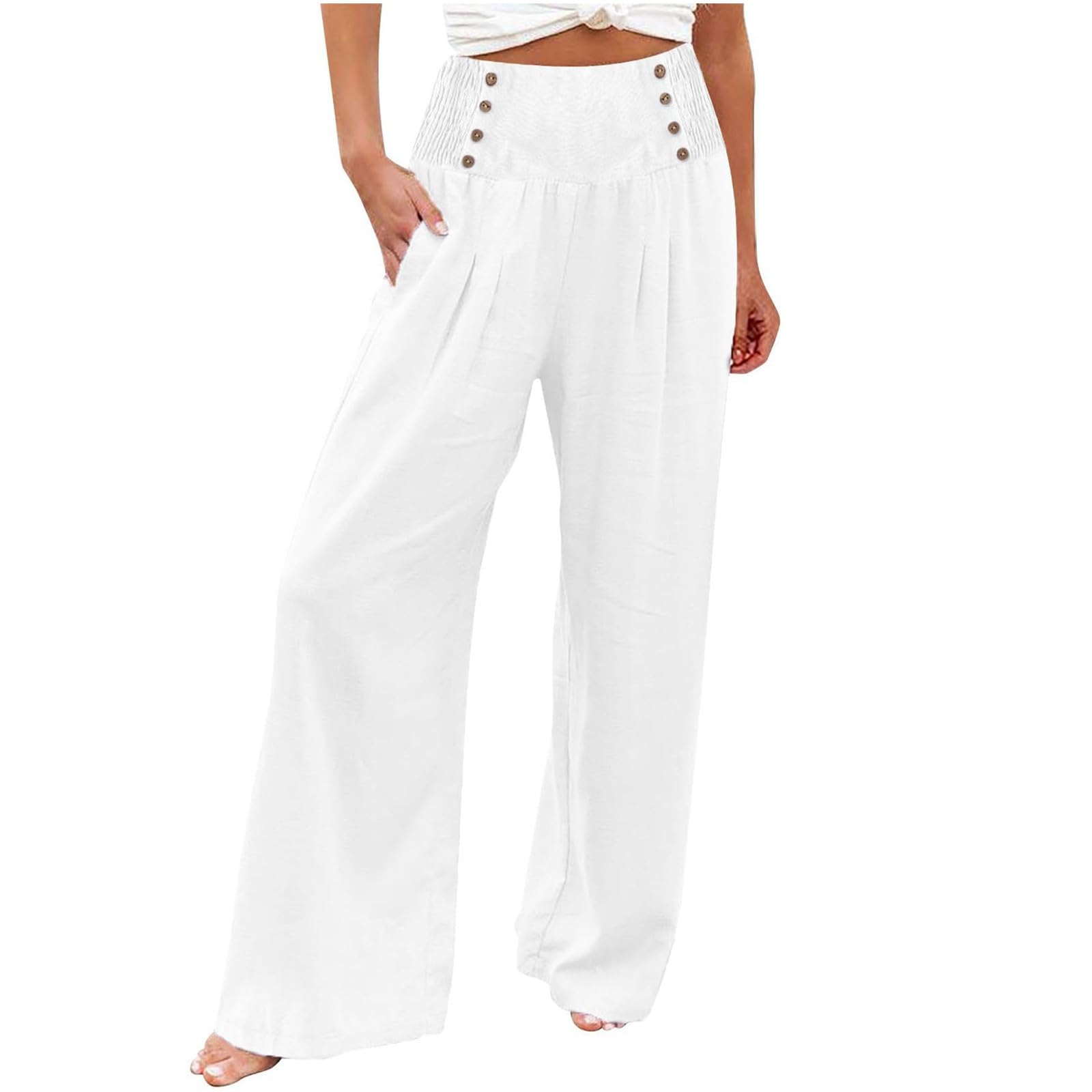 Bidobibo Womens Linen Pants with Pockets Summer Beach Trousers High Waisted Palazzo Pants Belted Straight Leg Trousers