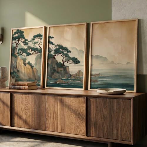 Image of kotart Big Aesthetic Nature Art Wall Framed Posters | Japanese Nature View Framed Poster for Living Room Bedroom Wall Decor Set Of 3 (14x20 Inch)