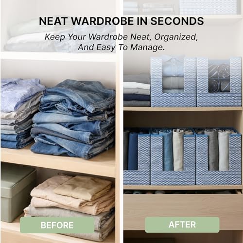 Image of DALUCI Shirt Stacker & Clothes Organizer for Wardrobe | Non-Woven Foldable Storage Box for Cupboard, Closet & Bedroom | Strong Collapsible Fabric Organizer | 40x25x24 cm - Pack of 4 (Blue)