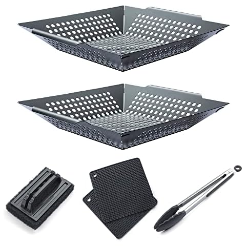 YouYue 6pc Grilling Basket Set Including 2 Versatile Non-stick Grilling Basket, 1 Scouring Pads Grill Brush, 2 Silicone Mat, 1 Grill Tong in 12inch Length with Silicone Tip and Locking System Cover