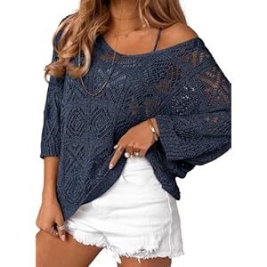 Dokotoo Women’s 2025 Spring Summer Crochet Hollow Out 3/4 Sleeve Pullover Sweater Off Shoulder T-Shirts